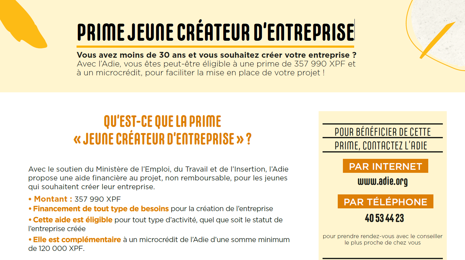 Prime Jeune Créateur d'entreprise ADIE Polynésie CCISM