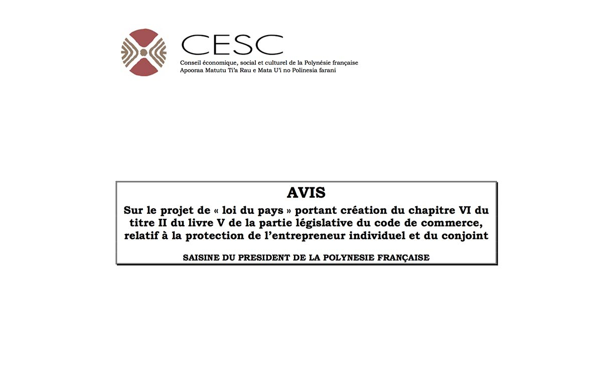CESC - Avis 50/2016 Projet de « loi du pays » relatif à la protection de l’entrepreneur individuel et du conjoint