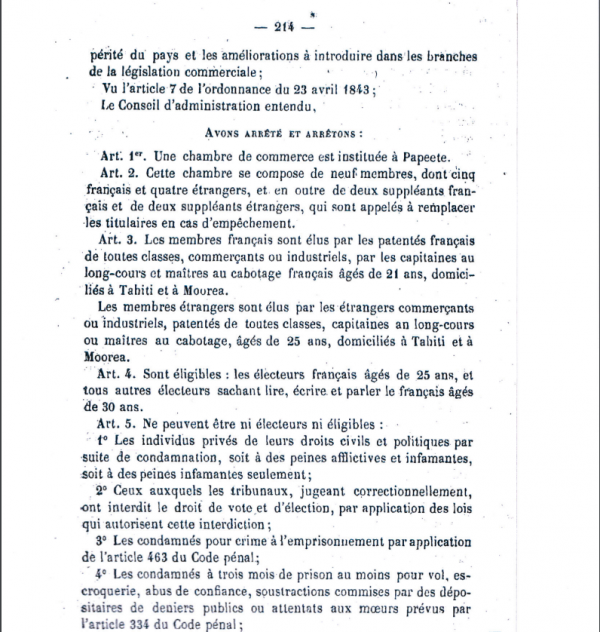 L’arrêté du 30 juin 1880 établissant une Chambre de commerce à Papeete