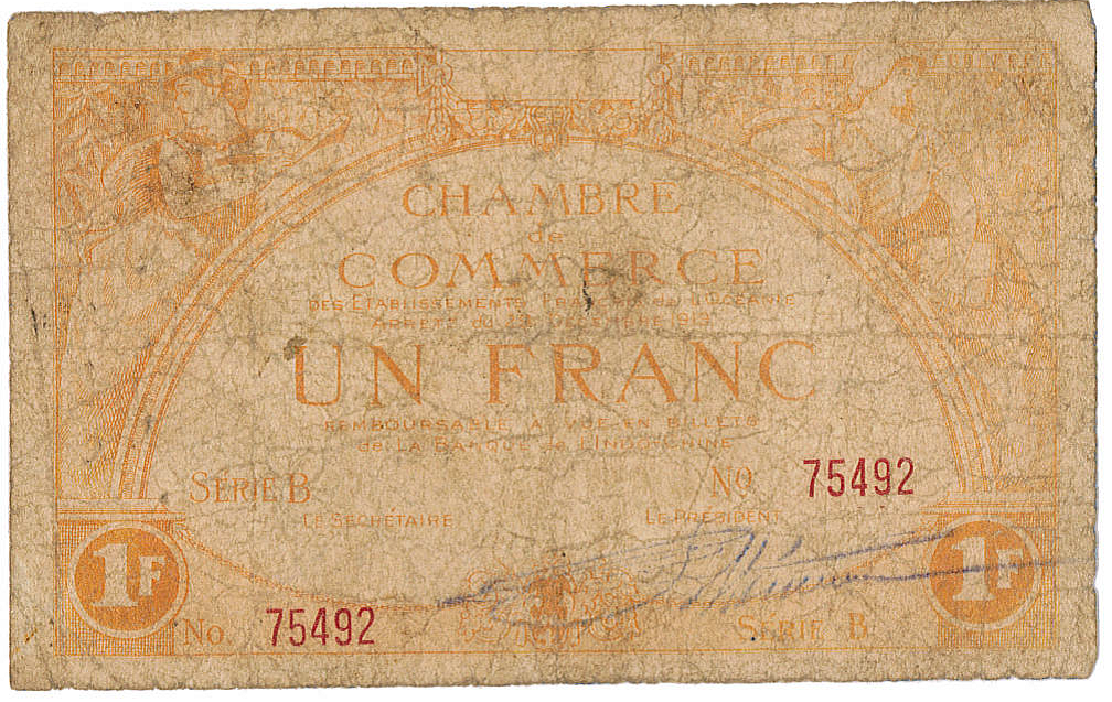 Exemplaire d'un billet (recto) de 1 franc émis par la Chambre de commerce de Tahiti en 1919