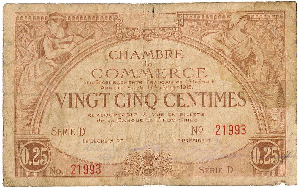 Exemplaire d'un billet (recto) de 25 centimes émis par la Chambre de commerce de Tahiti en 1919