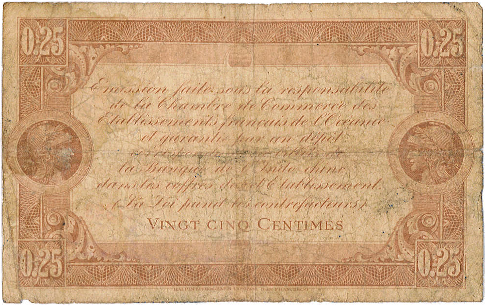 Exemplaire d'un billet (verso) de 25 centimes émis par la Chambre de commerce de Tahiti en 1919